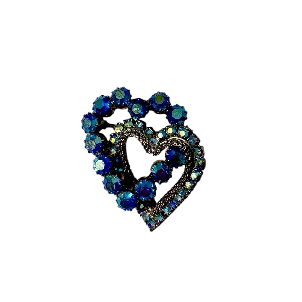Vintage SilverTone Blue Aurora Borealis Rhinestone Interlocked Hearts Brooch Pin